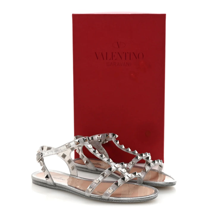 VALENTINO PVC JELLY GLITTER ROCKSTOD CAGED FLAT SANDALS