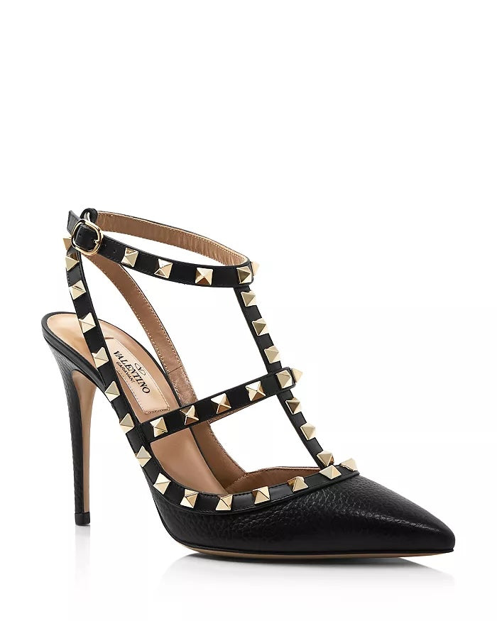 VALENTINO GARAVANI ROCKSTUD GRAINED CALFSKIN LEATHER 100 CAGE PUMPS