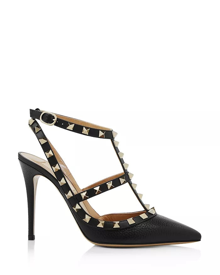 VALENTINO GARAVANI ROCKSTUD GRAINED CALFSKIN LEATHER 100 CAGE PUMPS