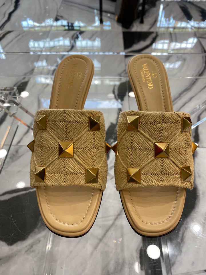 VALENTINO GARAVANI ROCKSTUD ROMAN RAFFIA MULES