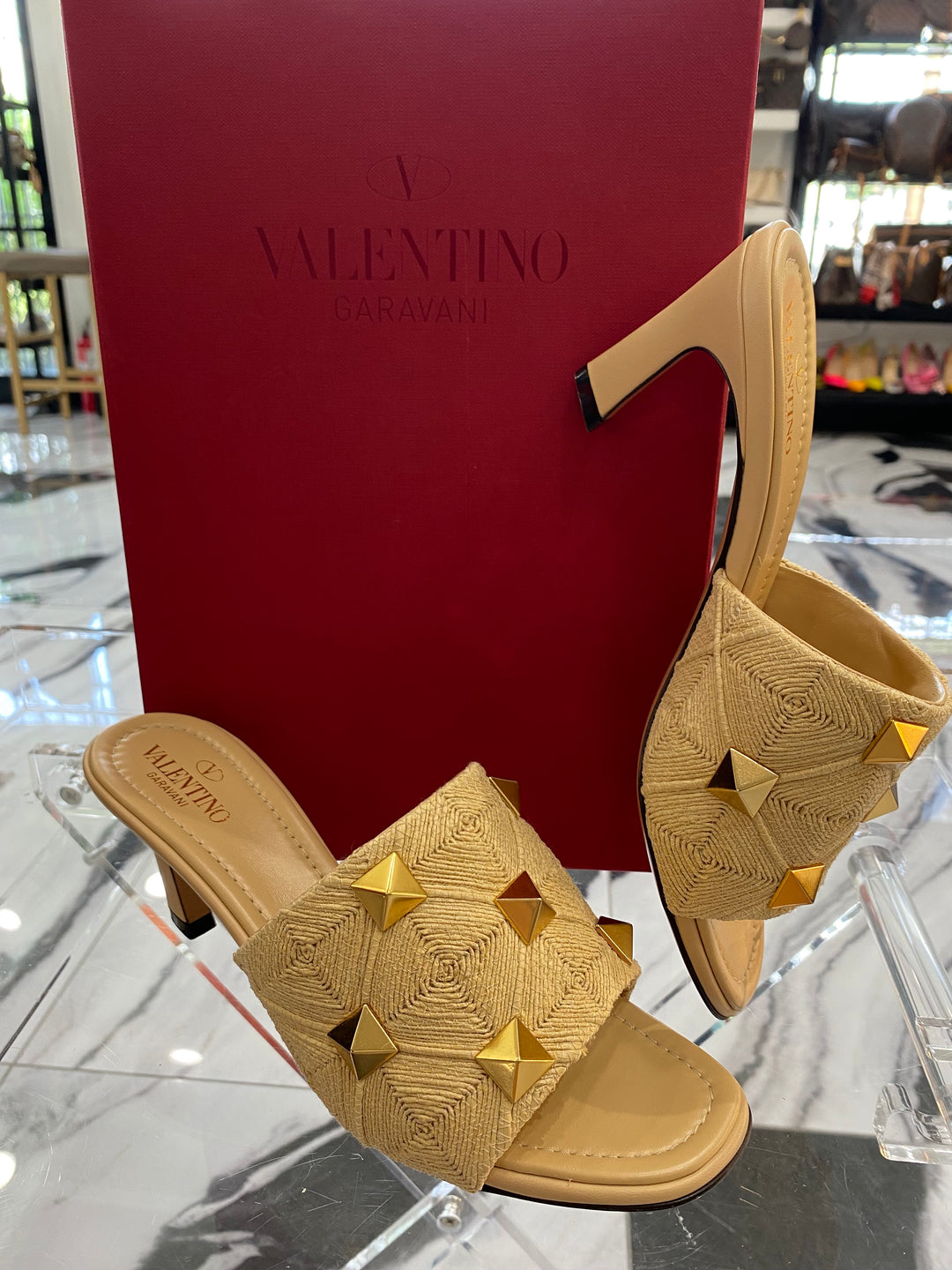 VALENTINO GARAVANI ROCKSTUD ROMAN RAFFIA MULES