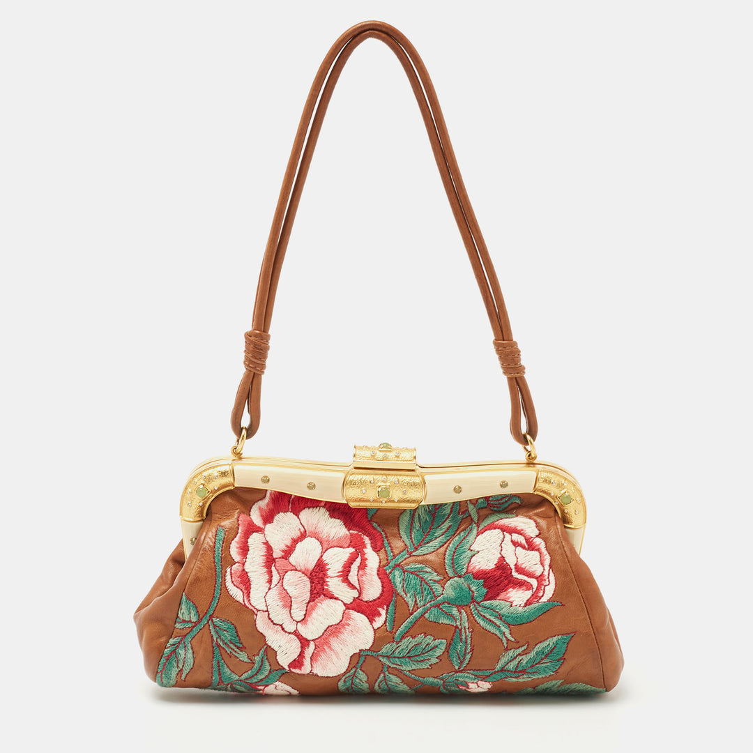 VALENTINO LEATHER FLORAL EMBROIDERED BAGUETTE BAG