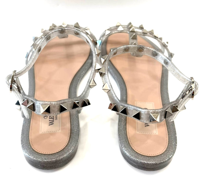 VALENTINO PVC JELLY GLITTER ROCKSTOD CAGED FLAT SANDALS