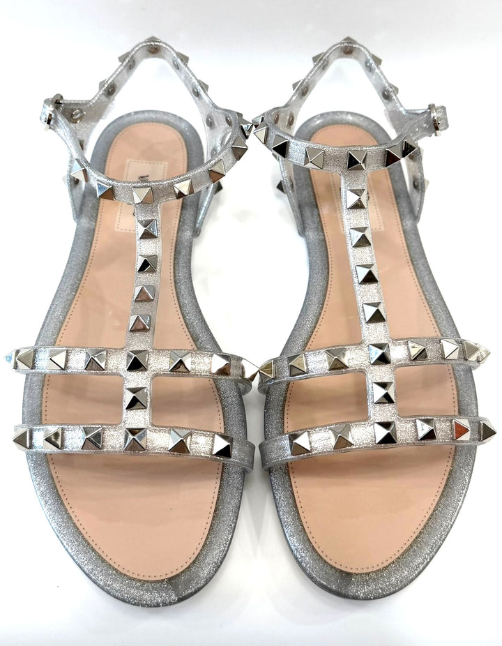 VALENTINO PVC JELLY GLITTER ROCKSTOD CAGED FLAT SANDALS
