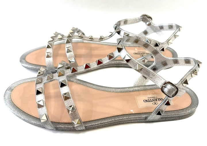 VALENTINO PVC JELLY GLITTER ROCKSTOD CAGED FLAT SANDALS