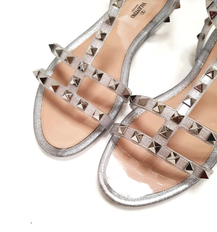 VALENTINO PVC JELLY GLITTER ROCKSTOD CAGED FLAT SANDALS