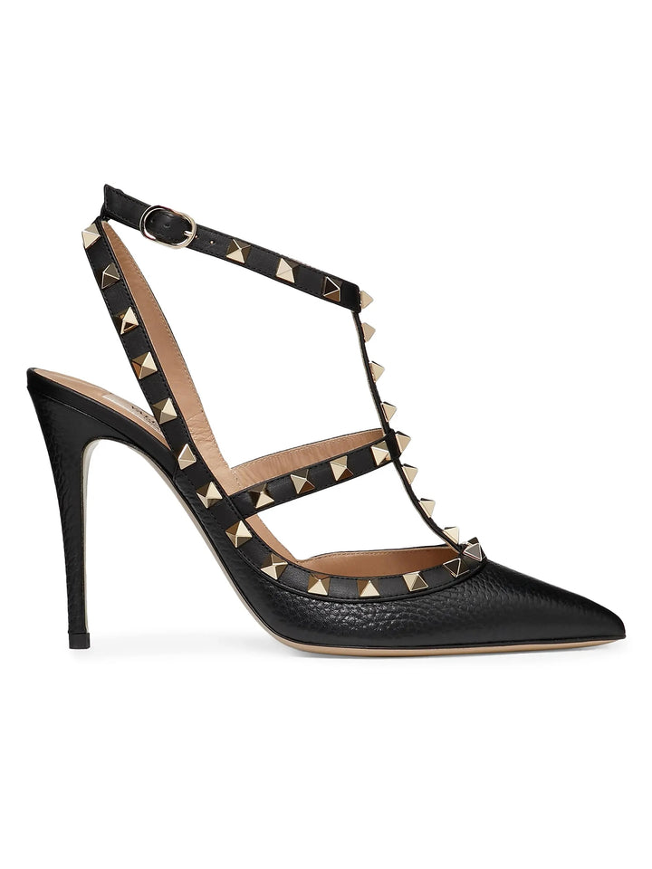 VALENTINO GARAVANI ROCKSTUD GRAINY CALFSKIN 100 ANKLE STRAP PUMPS