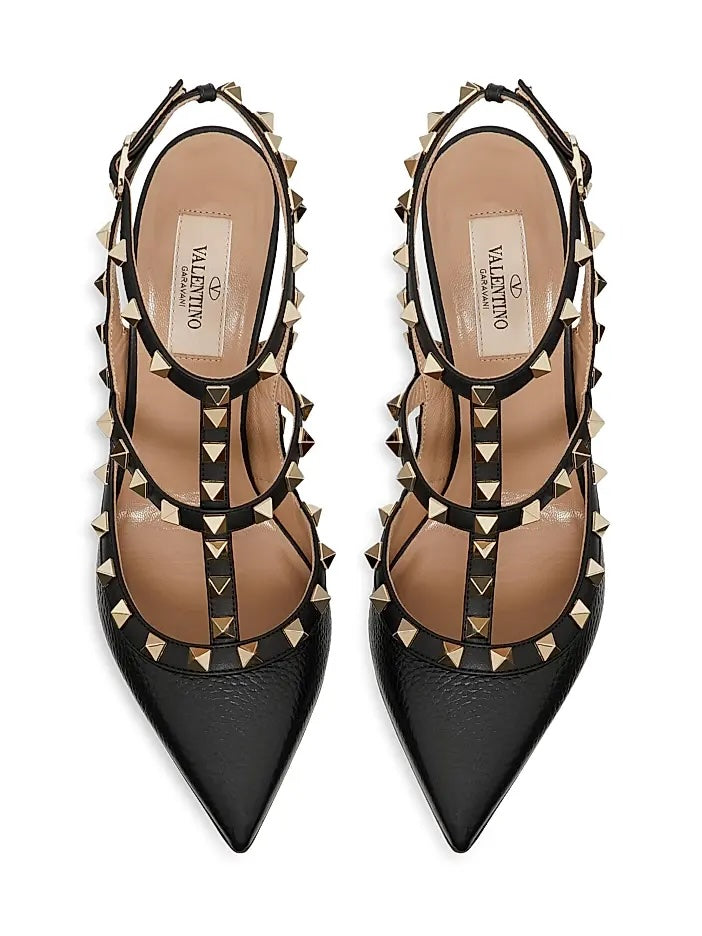 VALENTINO GARAVANI ROCKSTUD GRAINY CALFSKIN 100 ANKLE STRAP PUMPS