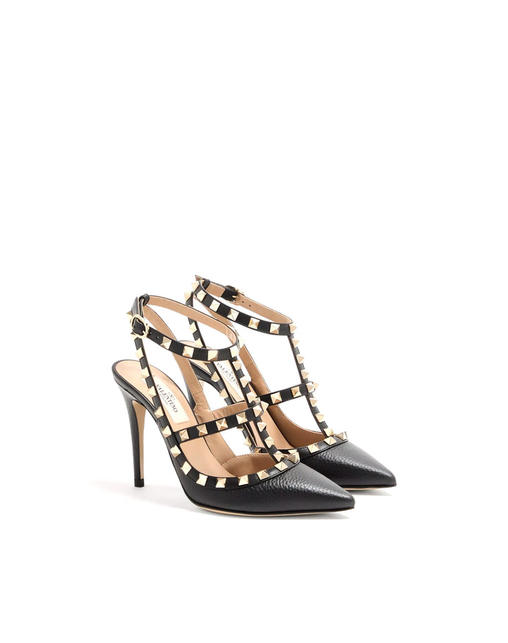 VALENTINO GARAVANI ROCKSTUD GRAINY CALFSKIN 100 ANKLE STRAP PUMPS