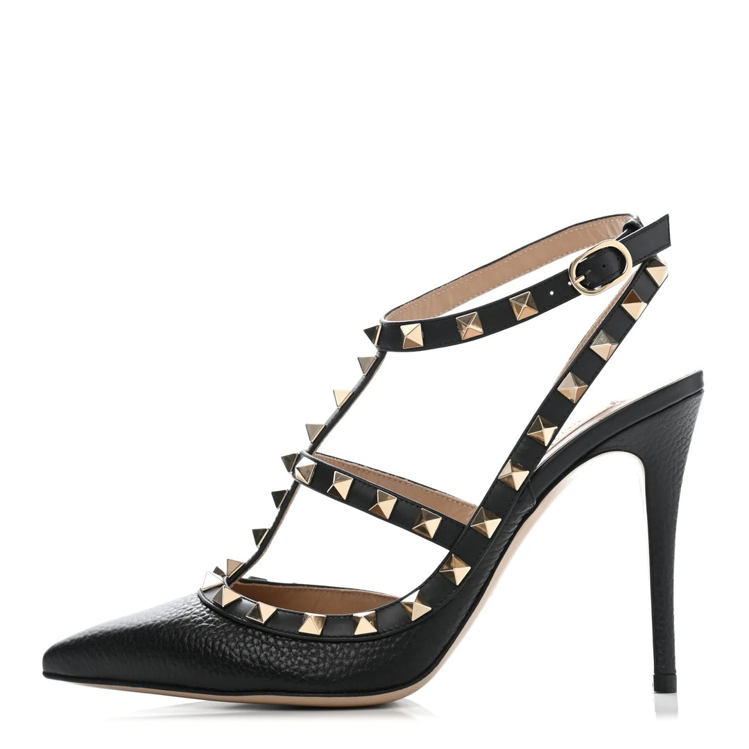 VALENTINO GARAVANI ROCKSTUD GRAINY CALFSKIN 100 ANKLE STRAP PUMPS