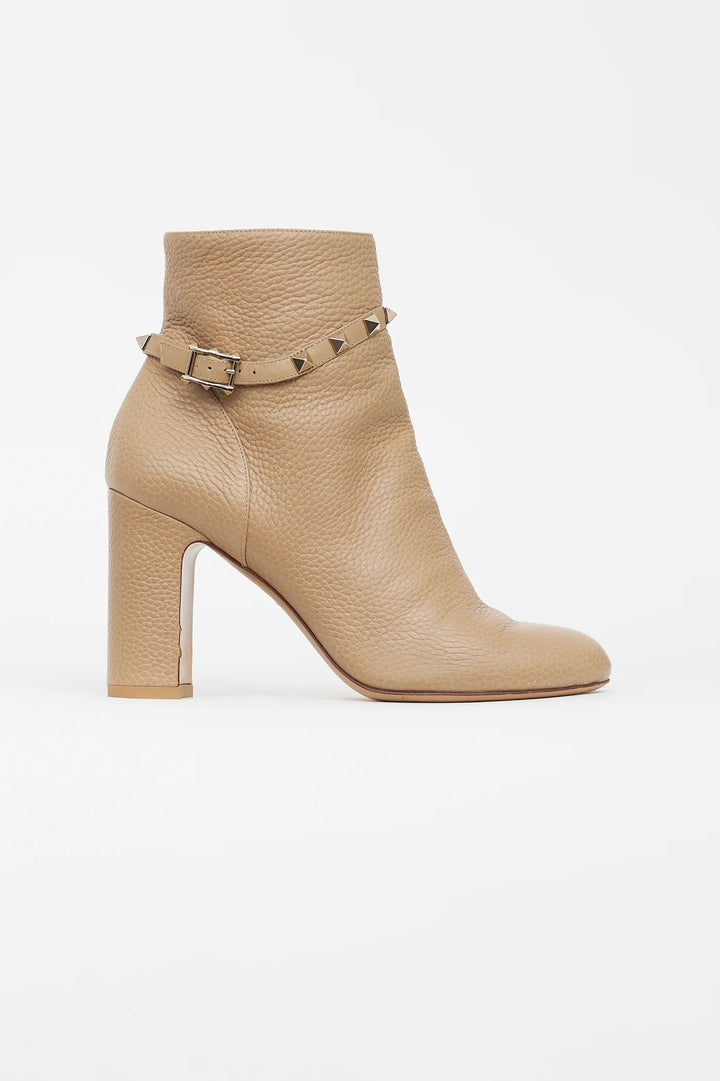 VALENTINO GARAVANI 90MM BLOCK HEEL PEBBLED CALFSKIN ANKLE BOOTS