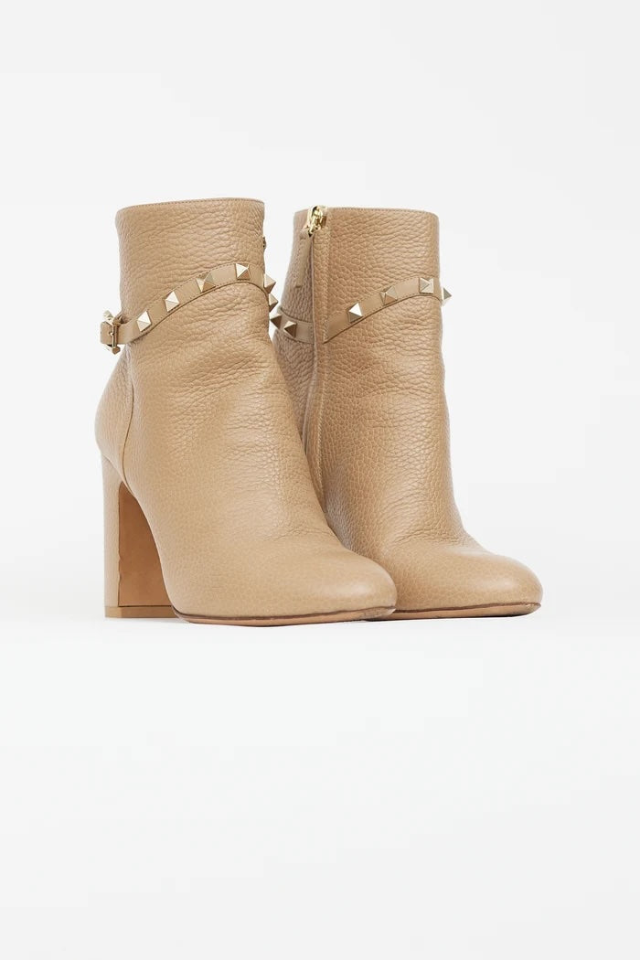 VALENTINO GARAVANI 90MM BLOCK HEEL PEBBLED CALFSKIN ANKLE BOOTS