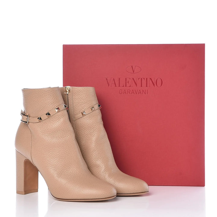 VALENTINO GARAVANI 90MM BLOCK HEEL PEBBLED CALFSKIN ANKLE BOOTS