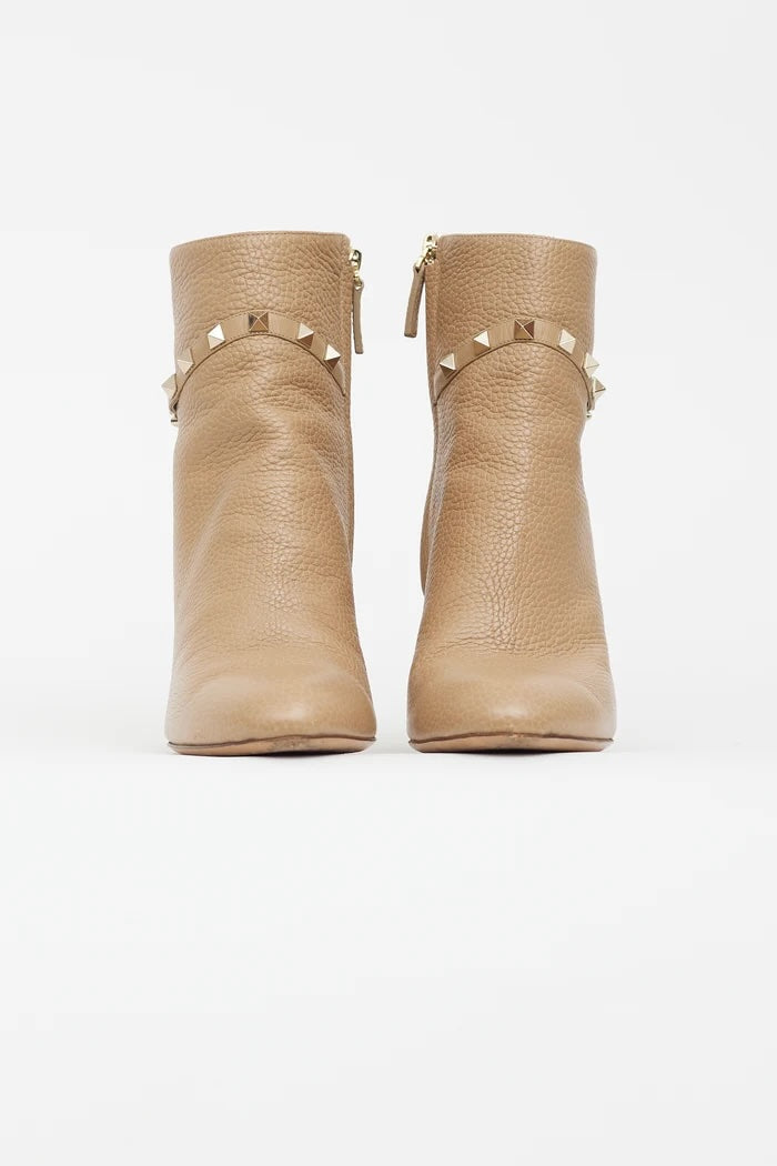 VALENTINO GARAVANI 90MM BLOCK HEEL PEBBLED CALFSKIN ANKLE BOOTS