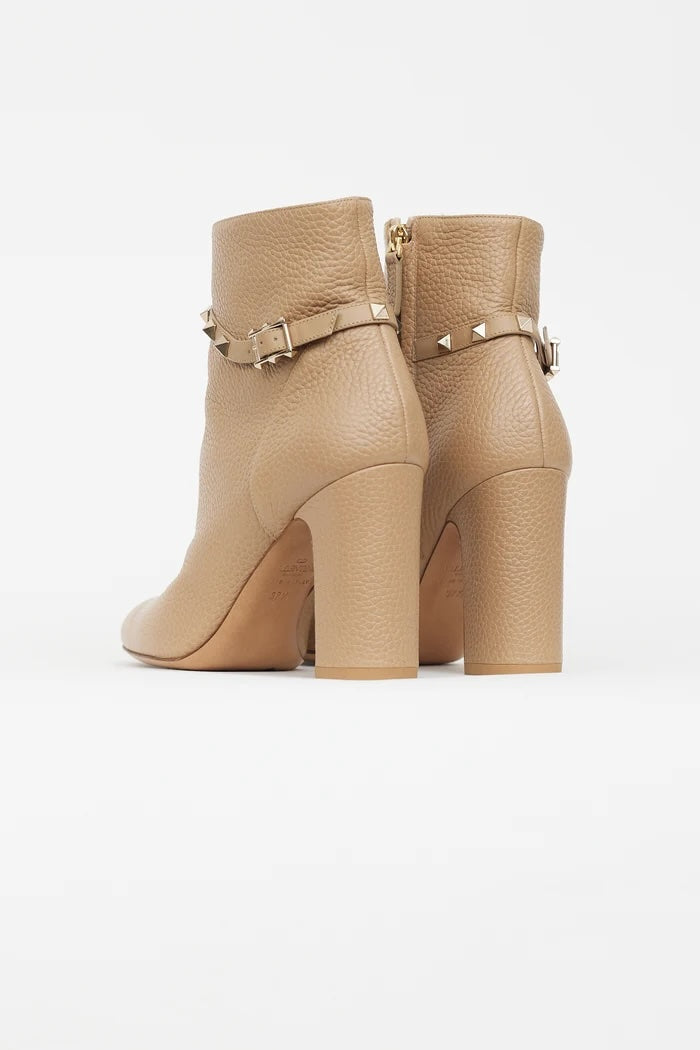 VALENTINO GARAVANI 90MM BLOCK HEEL PEBBLED CALFSKIN ANKLE BOOTS