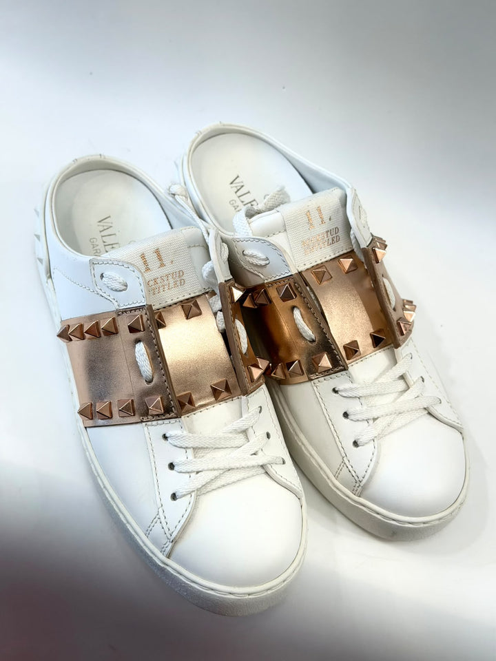 VALENTINO GARAVANI ROCKSTUD CALFSKIN LEATHER SLIDE SNEAKERS