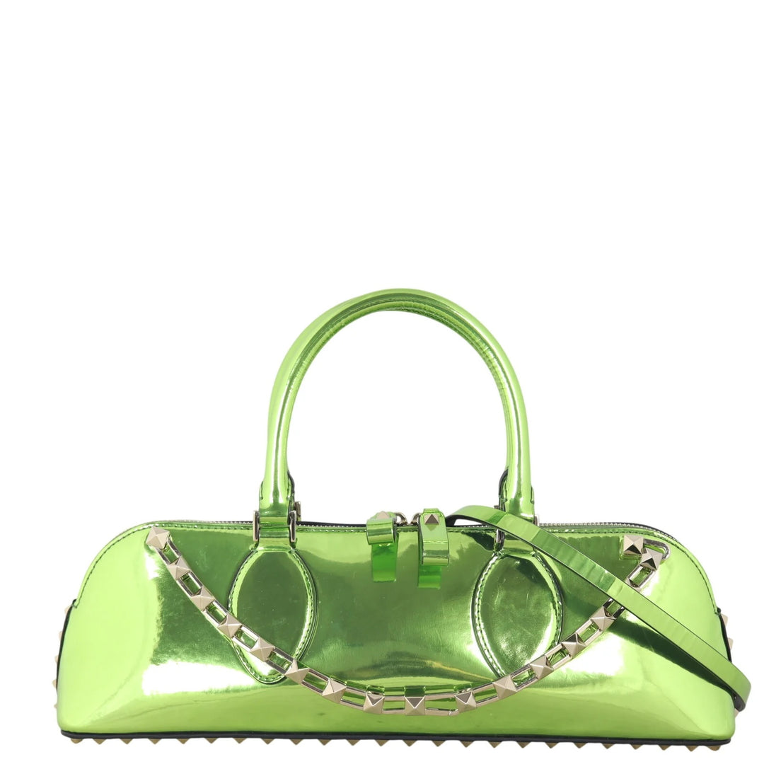 VALENTINO ROCKSTUD EAST WEST METALLIC CALFSKIN TOP HANDLE BAG