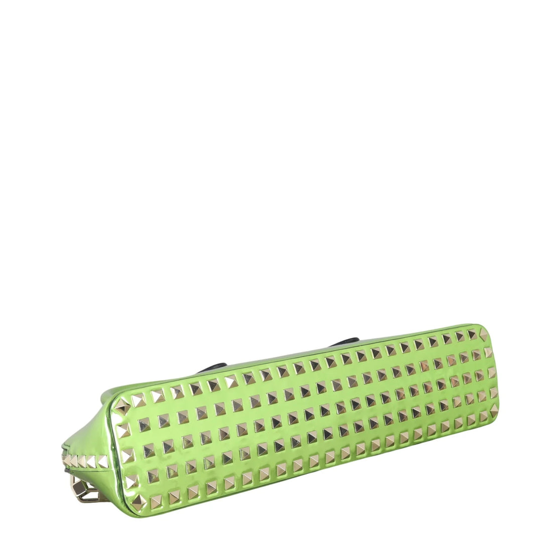 VALENTINO ROCKSTUD EAST WEST METALLIC CALFSKIN TOP HANDLE BAG