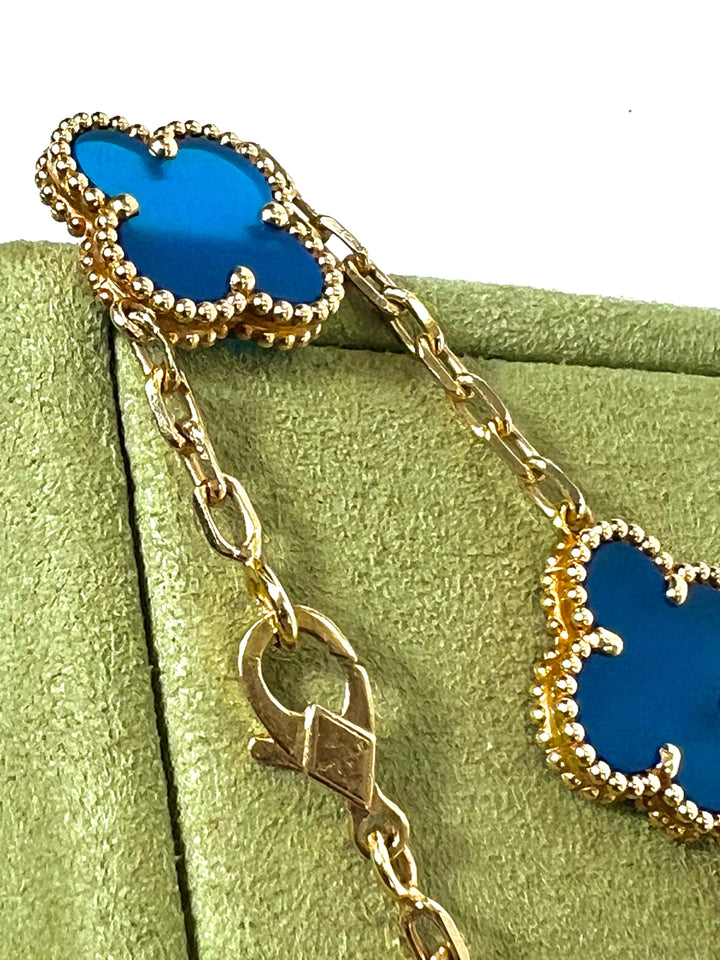 VAN CLEEF &amp; ARPELS 18K GOLD 5 MOTIFS BLUE AGATE STONE ALHAMBRA BRACELET