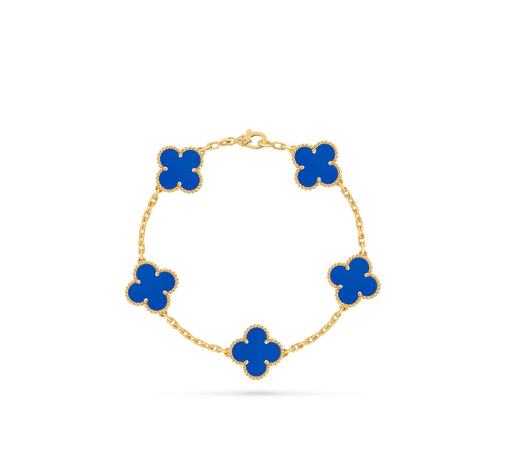 VAN CLEEF &amp; ARPELS 18K GOLD 5 MOTIFS BLUE AGATE STONE ALHAMBRA BRACELET