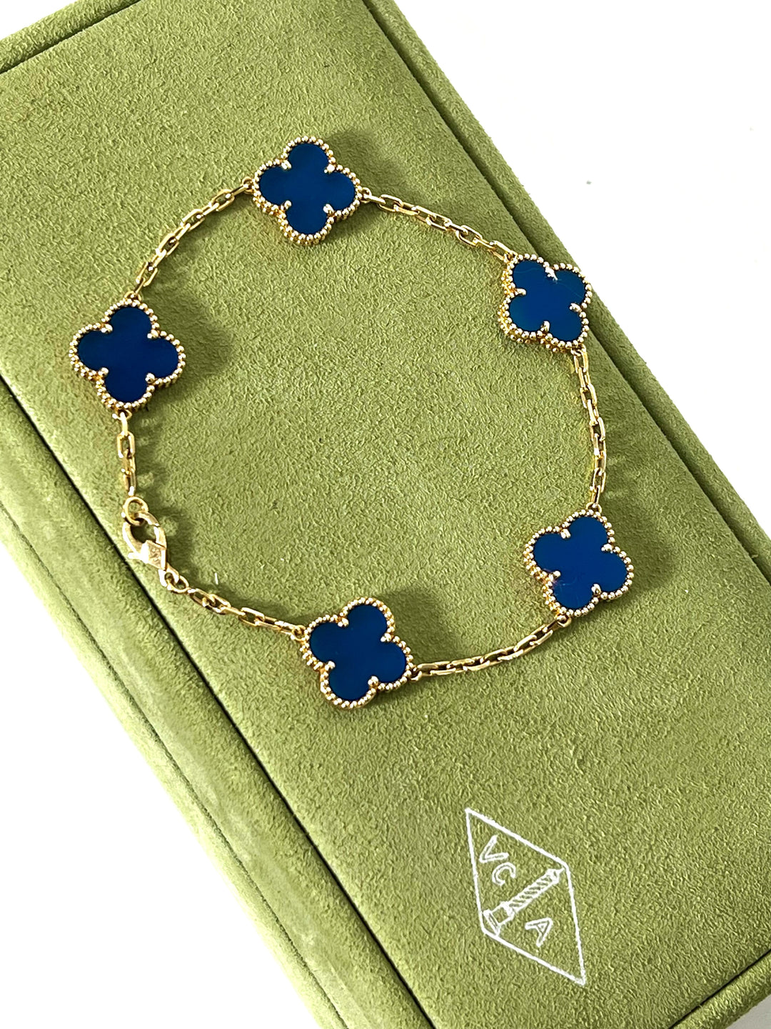 VAN CLEEF &amp; ARPELS 18K GOLD 5 MOTIFS BLUE AGATE STONE ALHAMBRA BRACELET