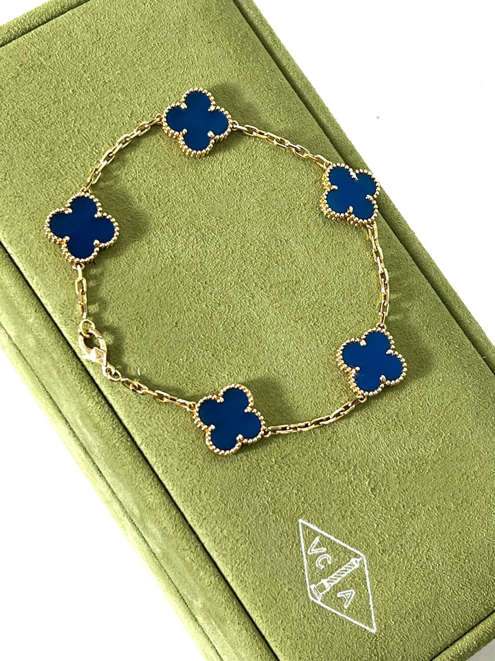 VAN CLEEF &amp; ARPELS 18K GOLD 5 MOTIFS BLUE AGATE STONE ALHAMBRA BRACELET