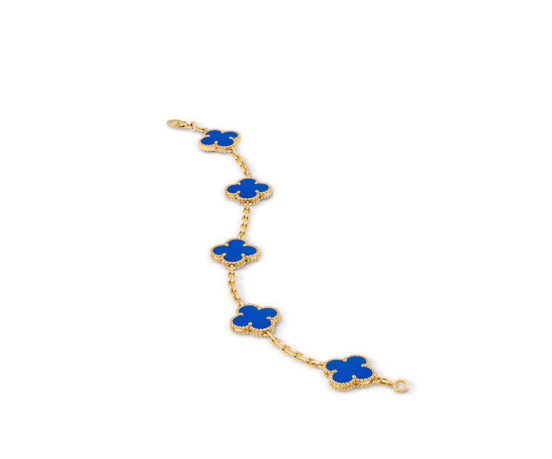 VAN CLEEF &amp; ARPELS 18K GOLD 5 MOTIFS BLUE AGATE STONE ALHAMBRA BRACELET