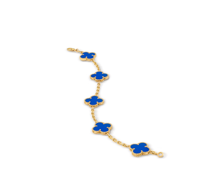 VAN CLEEF &amp; ARPELS 18K GOLD 5 MOTIFS BLUE AGATE STONE ALHAMBRA BRACELET
