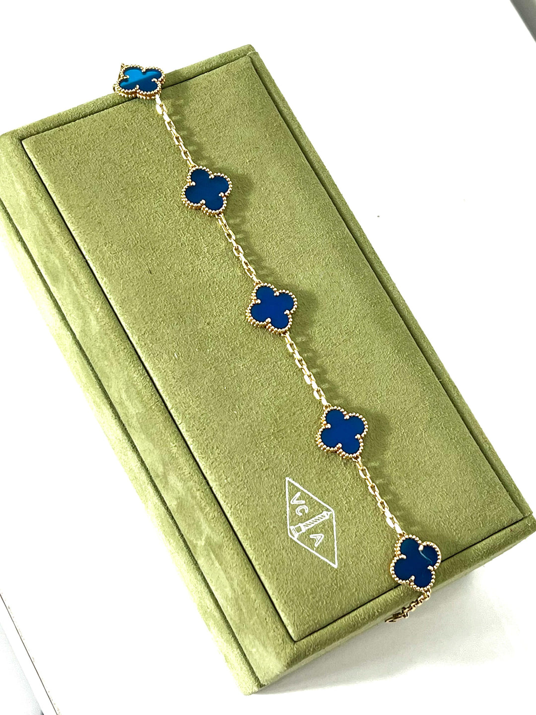 VAN CLEEF &amp; ARPELS 18K GOLD 5 MOTIFS BLUE AGATE STONE ALHAMBRA BRACELET