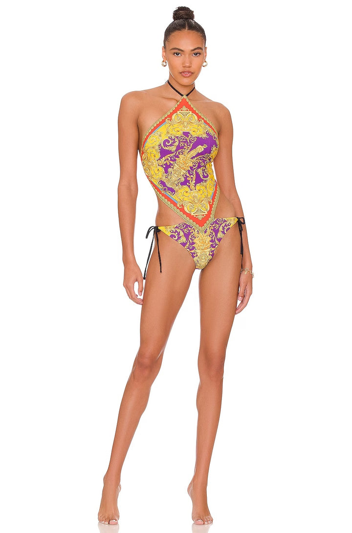 VERSACE BAROCCO GODDES HALTER ONE-PIECE SWIMSUIT