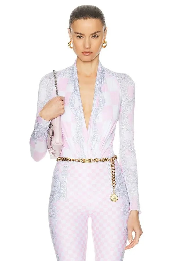 VERSACE BAROCCO PRINT CHECKED BODYSUIT