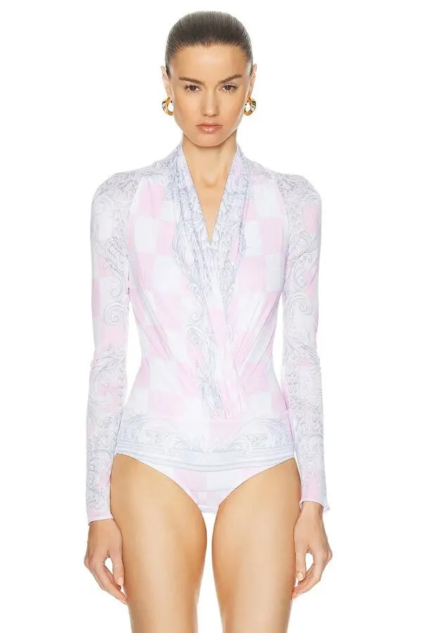 VERSACE BAROCCO PRINT CHECKED BODYSUIT