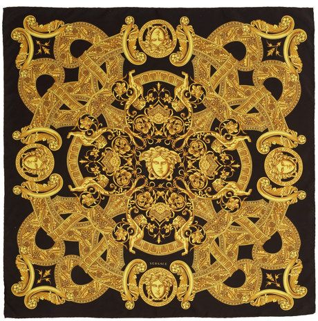 VERSACE BLACK GOLD VENETIAN BAROQUE MEDUSA SILK SCARF