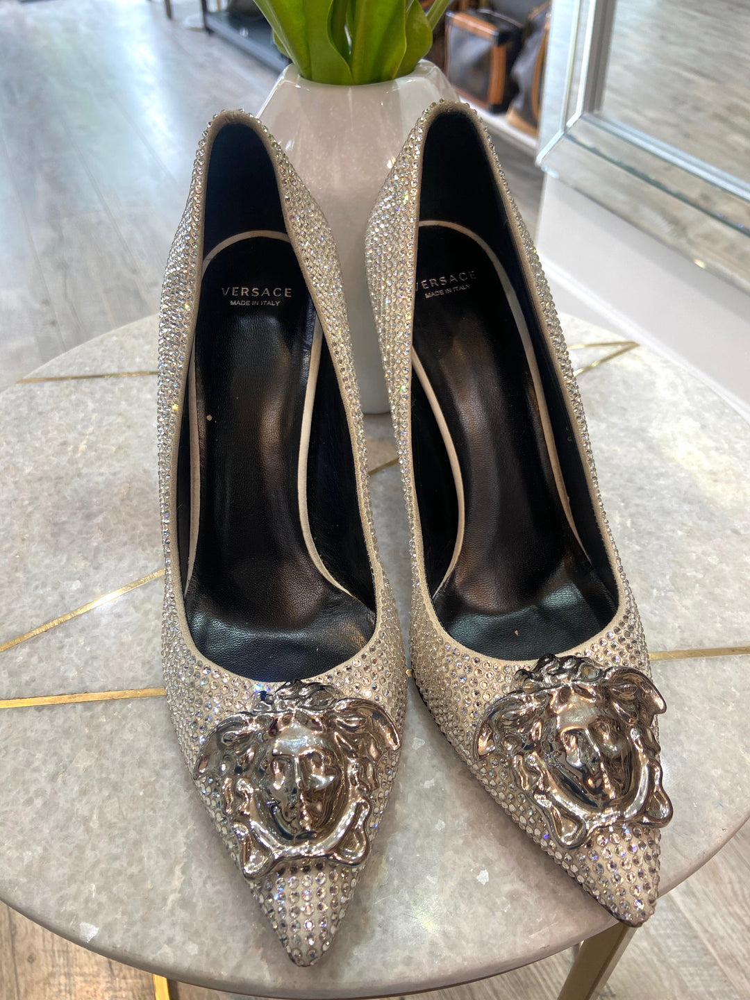 VERSACE LA MEDUSA GLITTER POINTED TOE PUMPS