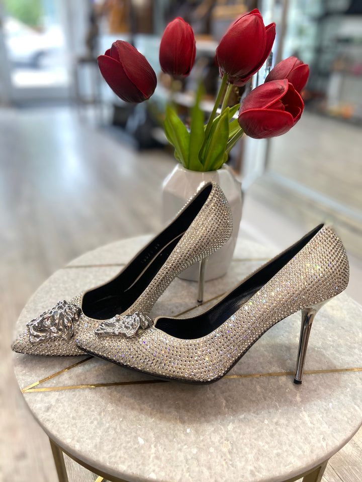 VERSACE LA MEDUSA GLITTER POINTED TOE PUMPS