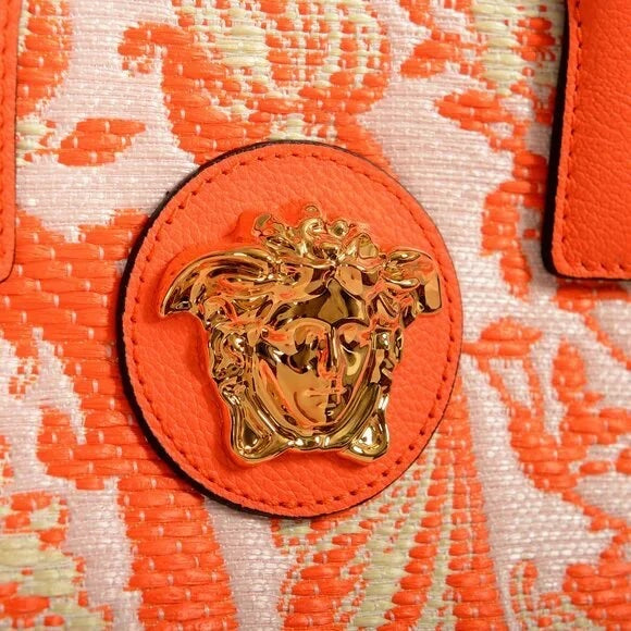 VERSACE BAROCCO RAFIA &amp; LEATHER GOLD MEDUSA LARGE TOTE