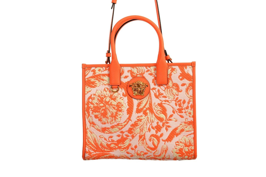 VERSACE BAROCCO RAFIA &amp; LEATHER GOLD MEDUSA LARGE TOTE