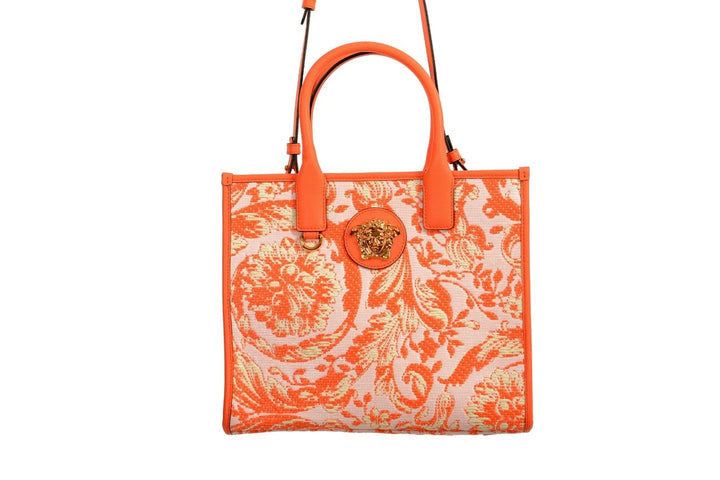 VERSACE BAROCCO RAFIA &amp; LEATHER GOLD MEDUSA LARGE TOTE
