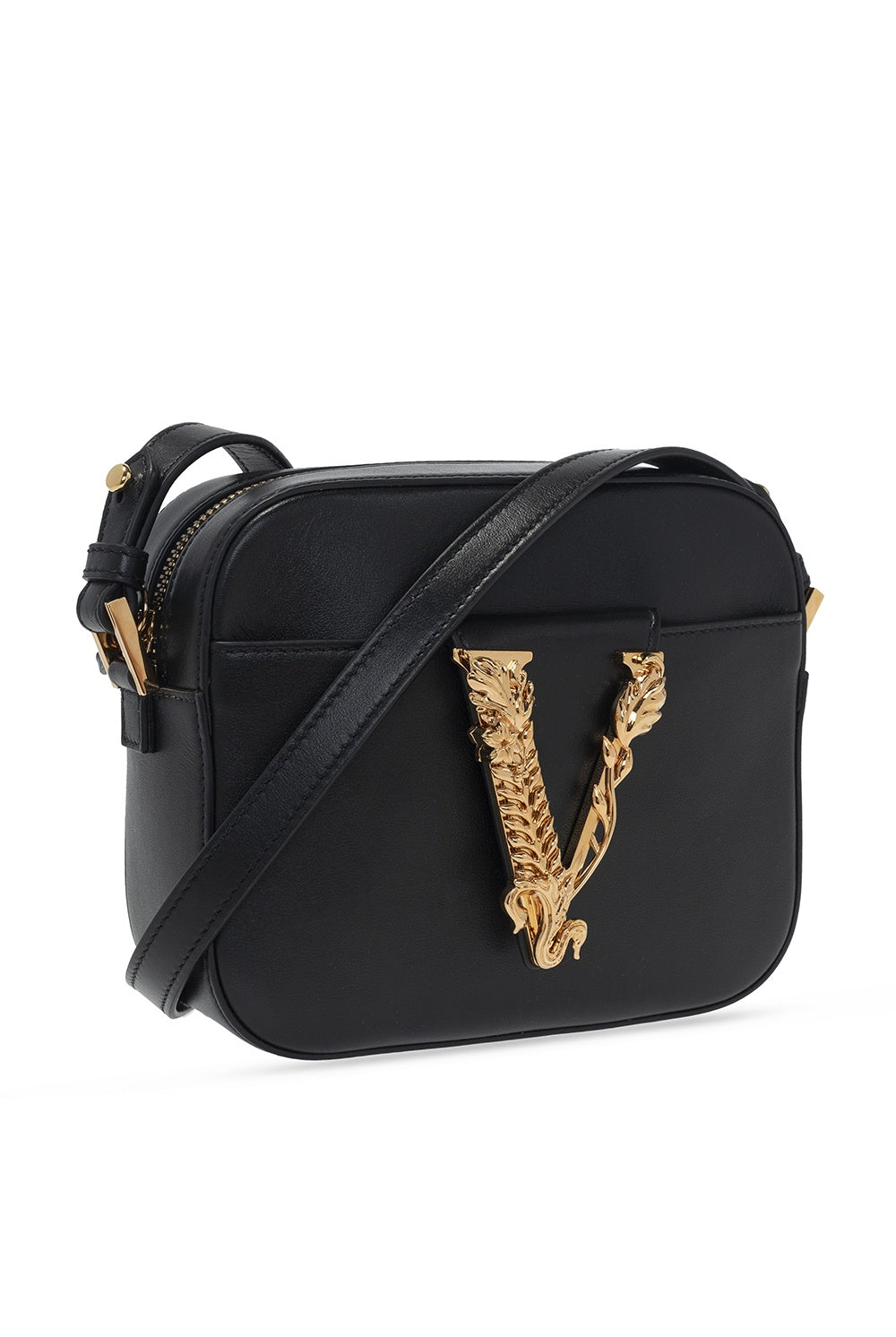 Versace Virtus Camera Crossbody Bag Black in Leather with Gold