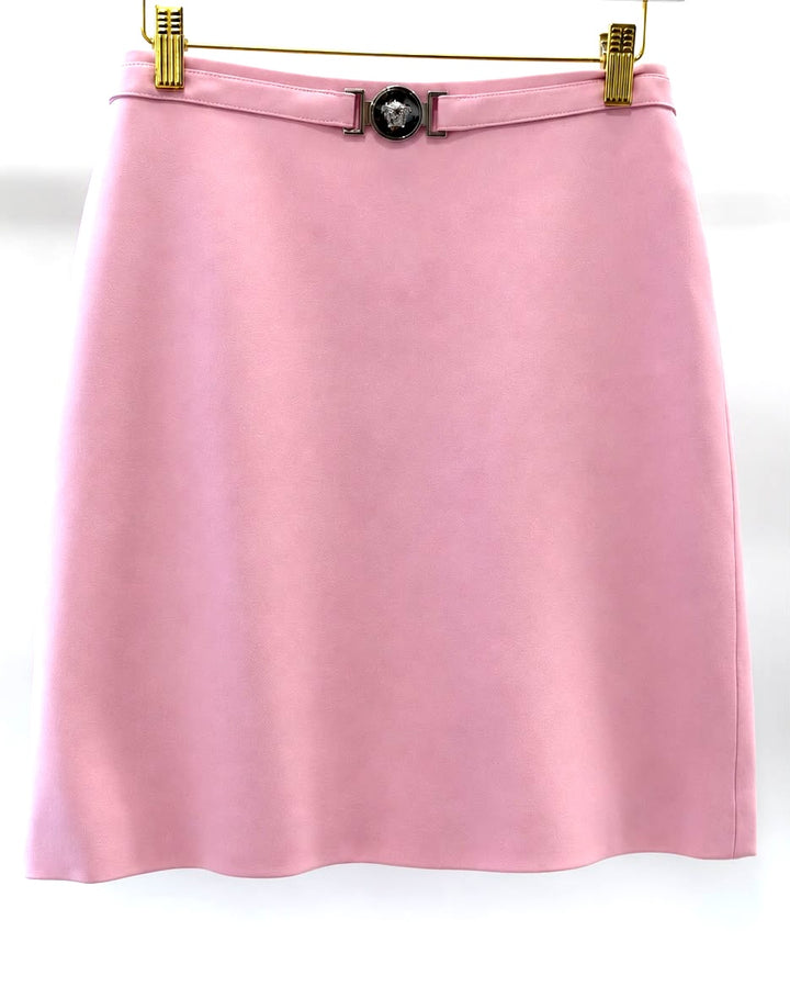 VERSACE VISCOSE BLEND LA MEDUSA BELTED JERSEY MINI SKIRT