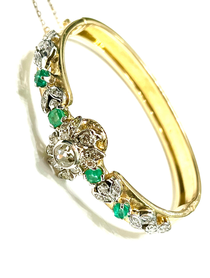 ANTIQUE VICTORIAN 14K GOLD DIAMONDS &amp; EMERALDS BANGLE BRACELET