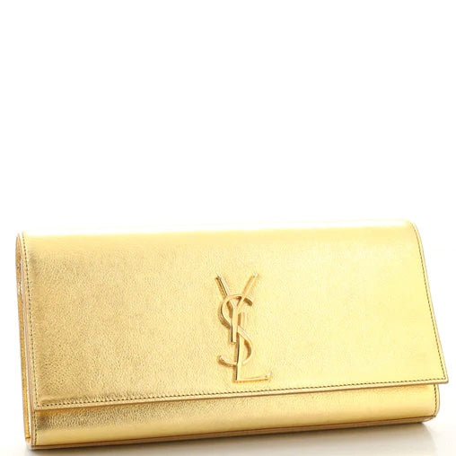 YSL BELLE DE JOUR CALFSKIN LEATHER METALLIC GOLD CLUTCH
