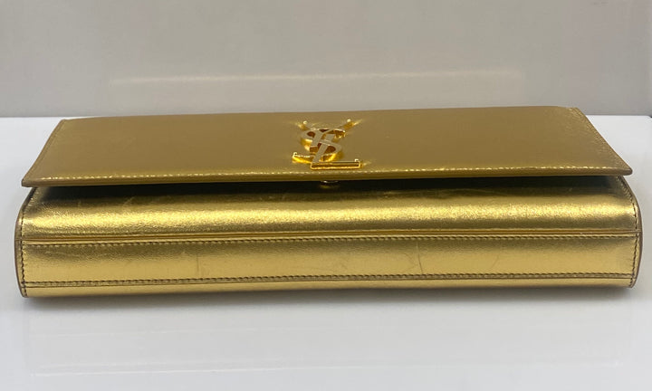 YSL BELLE DE JOUR CALFSKIN LEATHER METALLIC GOLD CLUTCH
