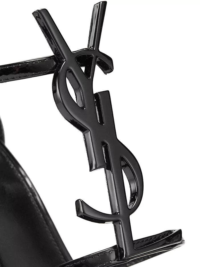 YSL CASSANDRA LOGO EMBELLISHED PATENT LEATHER SANDALS