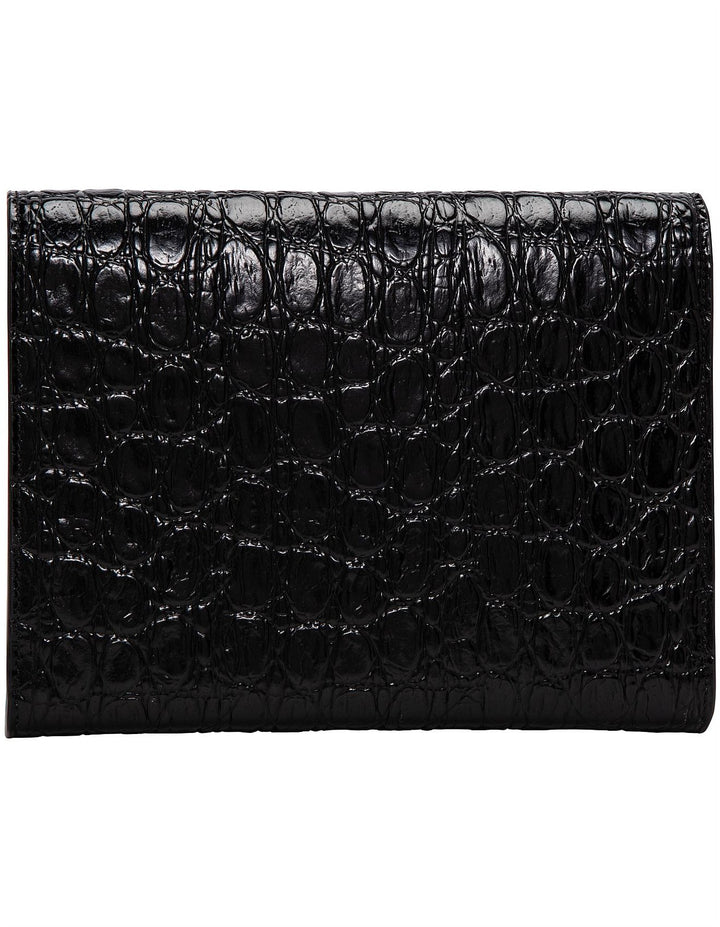 YSL CASSANDRA CALFSKIN LEATHER CROC EMBOSSED WALLET ON A CHAIN