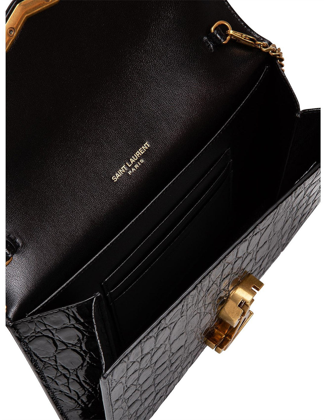 YSL CASSANDRA CALFSKIN LEATHER CROC EMBOSSED WALLET ON A CHAIN