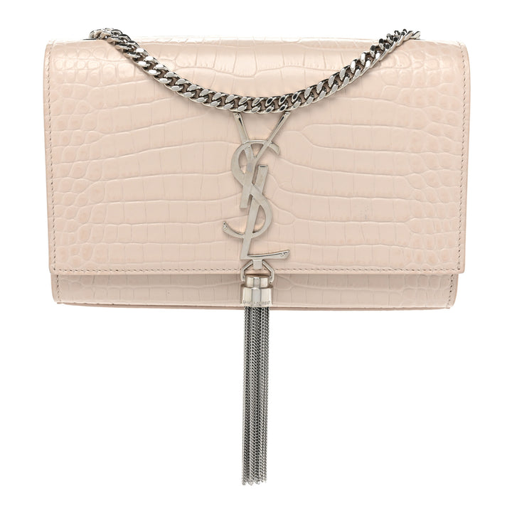 YSL CROC EMBOSSED CALFSKIN MONOGRAM KATE SMALL TASSEL BAG