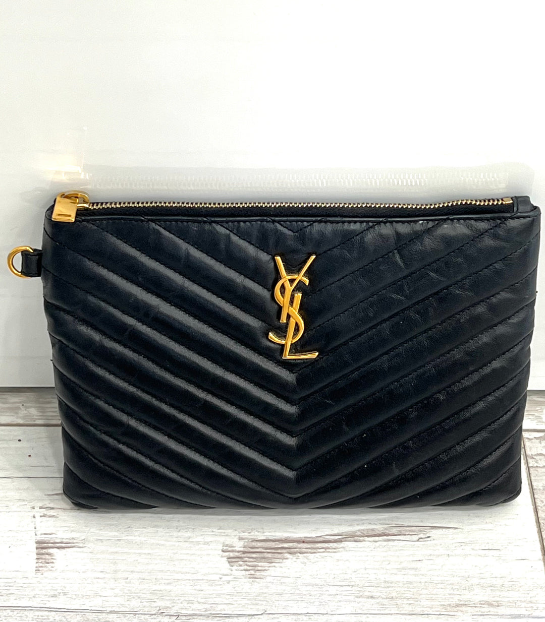YSL CALFSKIN MATELASSE MONOGRAM CASSANDRE CLUTCH BAG