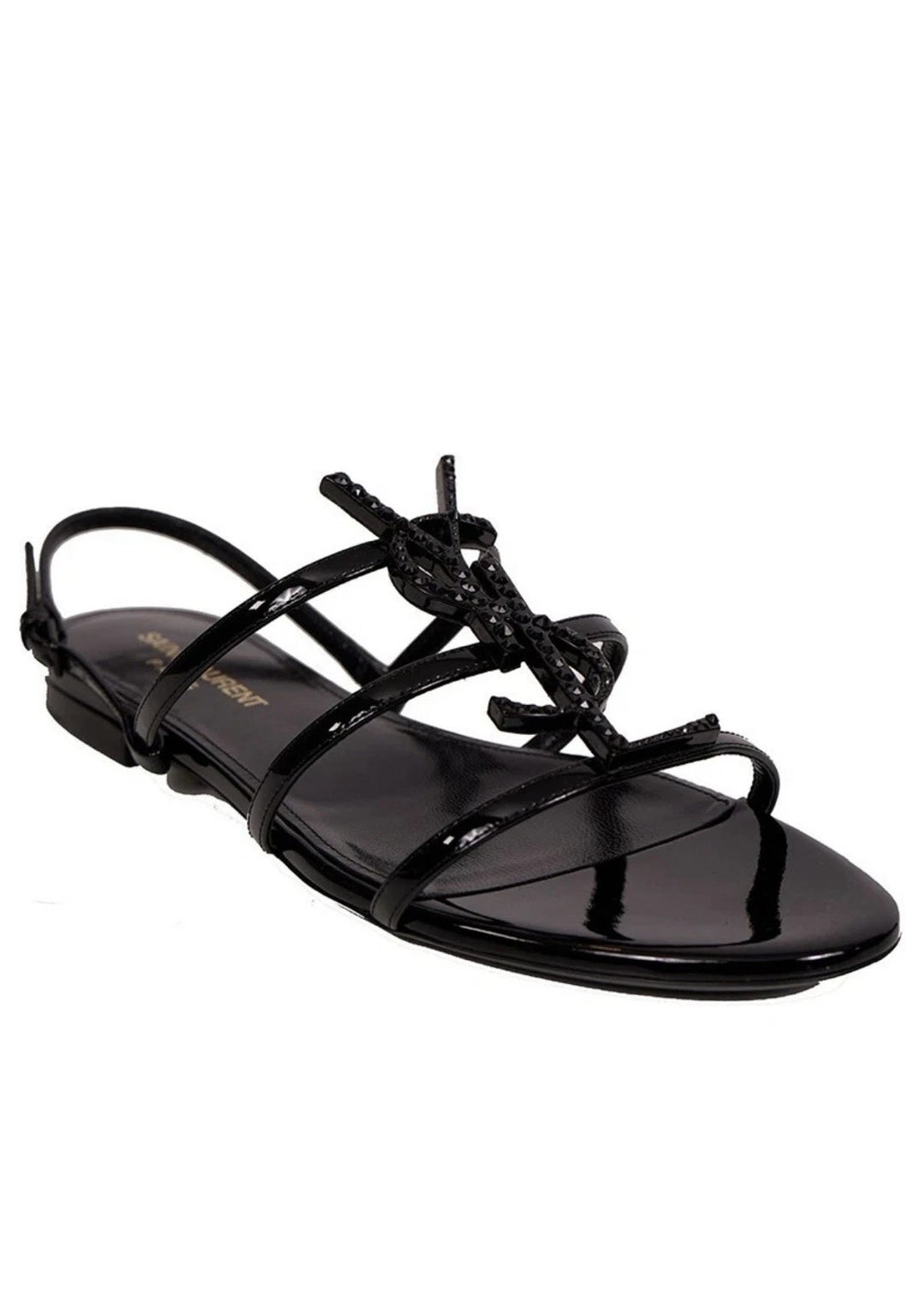 YSL PATENT LEATHER CASSANDRA FLAT SANDALS