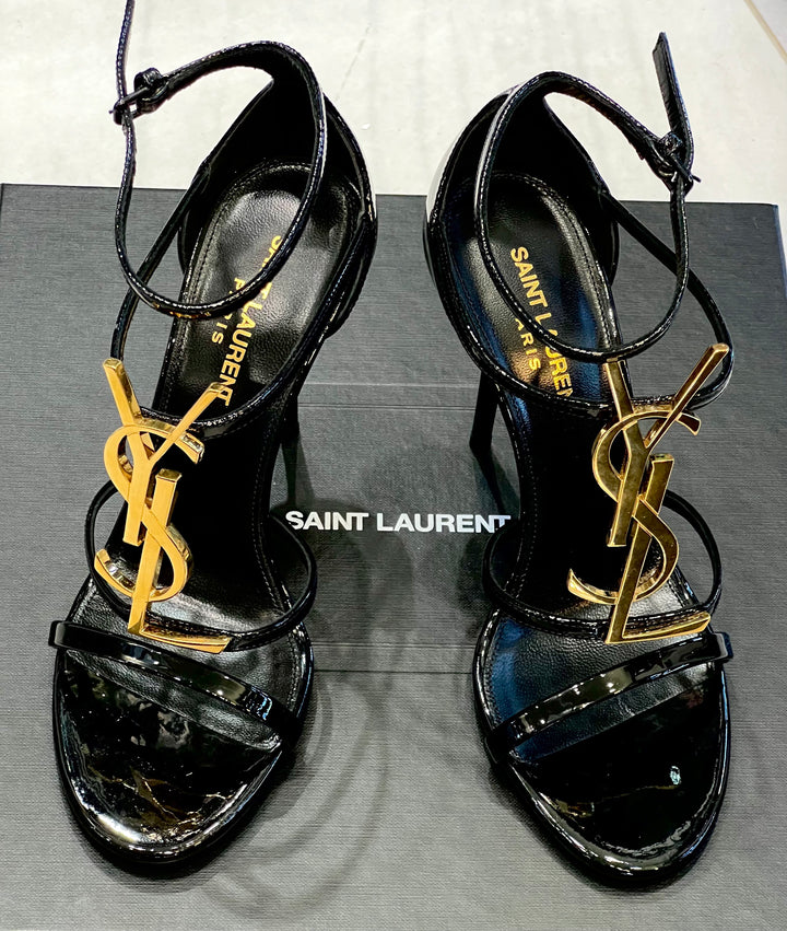 SAINT LAURENT CASSANDRA YSL MEDALLION STILETTO SANDALS